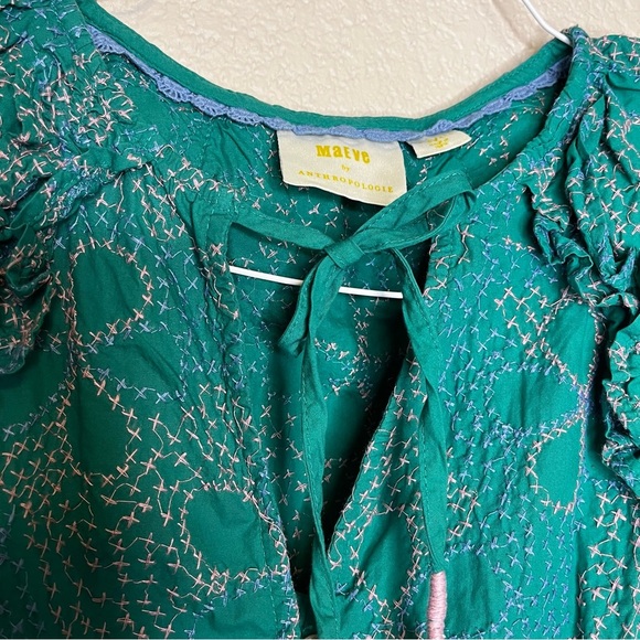 Anthropologie Maeve Ruffled Button Down Green Blouse with Embroidery Size XS - Picture 7 of 16